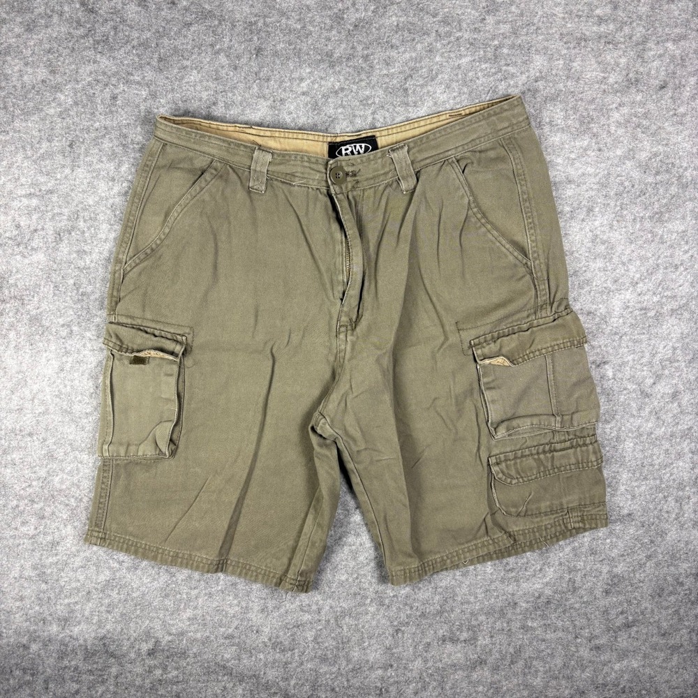 Rugged Wear Mens Cargo Shorts Olive Green Cotton‎ Twill Workwear Size 34